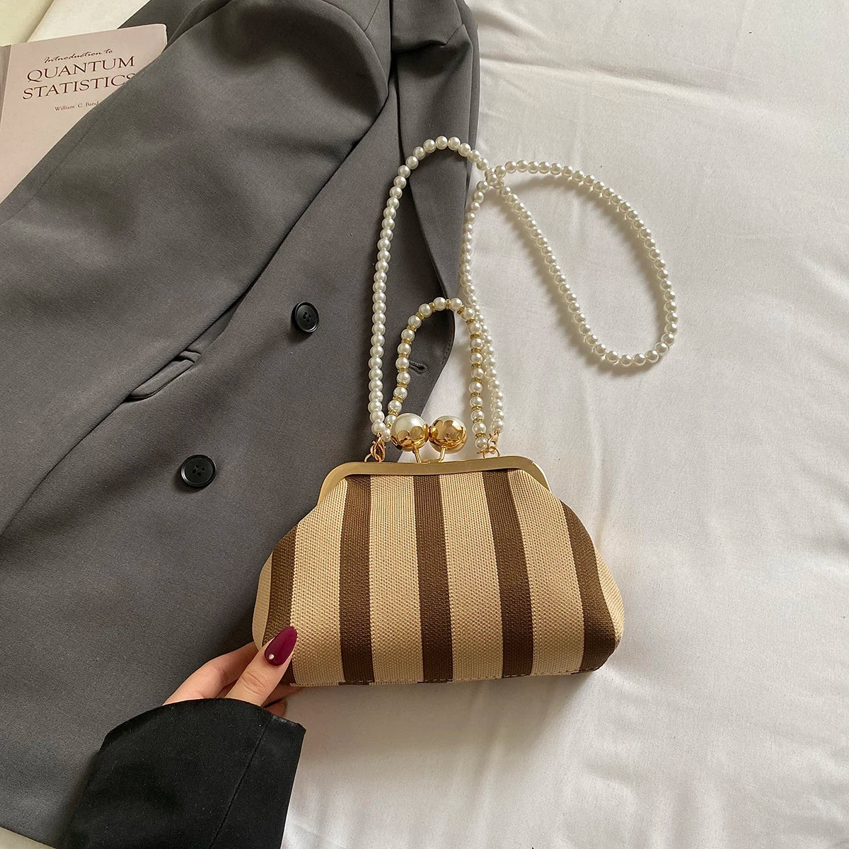 Pearl Chain Kisslock Handbag – Striped Fabric Evening Bag