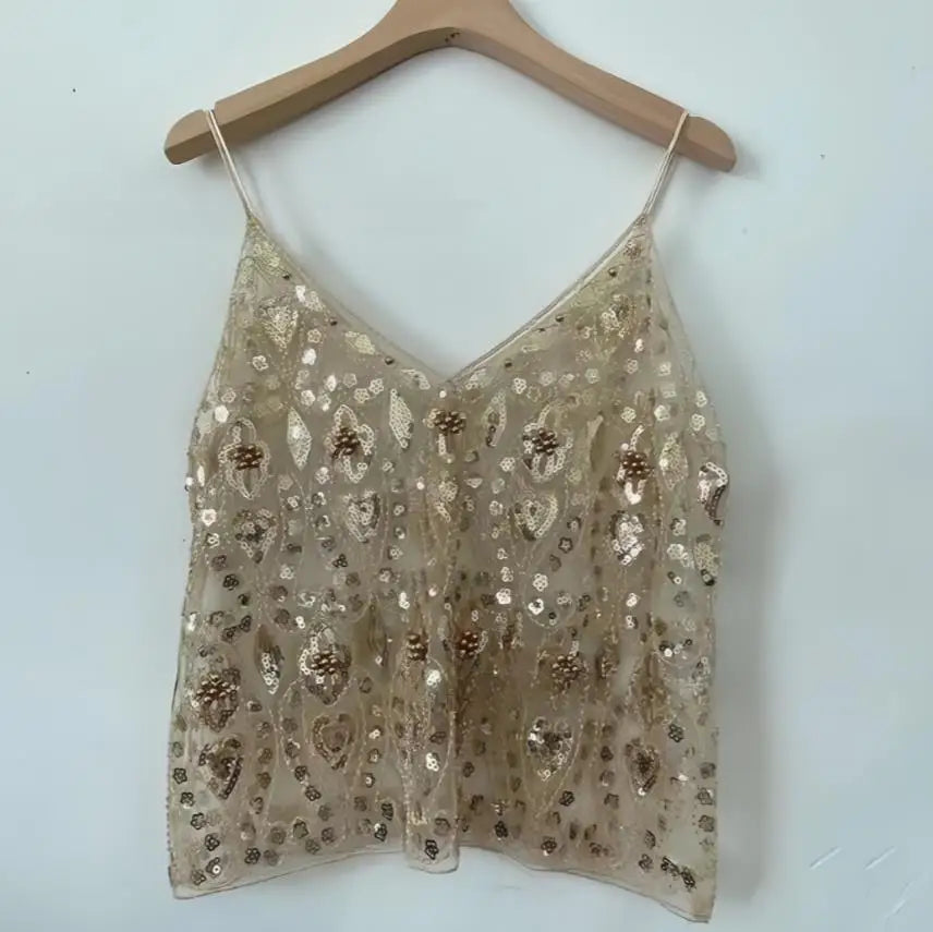Sequin Beaded Camisole Top Women Sleeveless V-Neck Open Back Vest