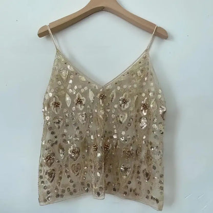 Sequin Beaded Camisole Top Women Sleeveless V-Neck Open Back Vest