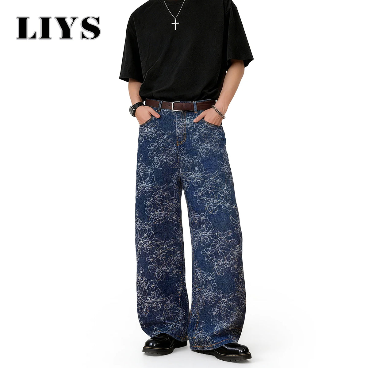 Floral Jacquard Baggy Wide Leg Jeans – Korean Retro Blue Denim