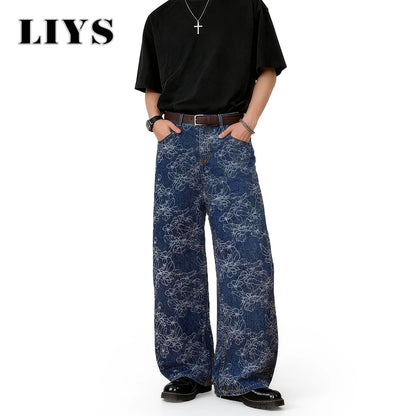 Floral Jacquard Baggy Wide Leg Jeans – Korean Retro Blue Denim