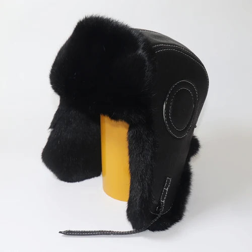 Winter Ushanka Trapper Hat with Rabbit Fur & Leather Earflaps
