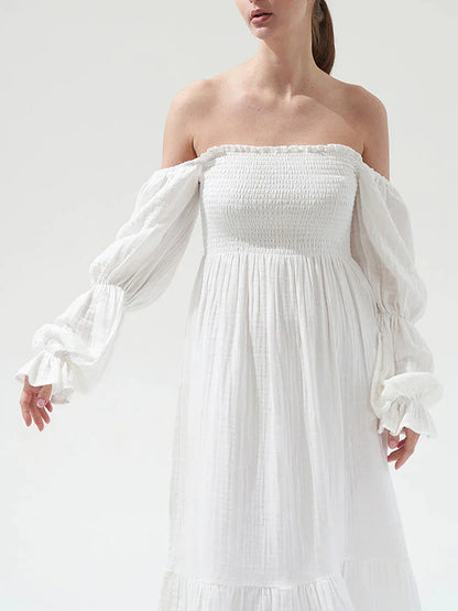 Puff Sleeve Smocked Midi Dress – Square Neck Flowy Casual Dress
