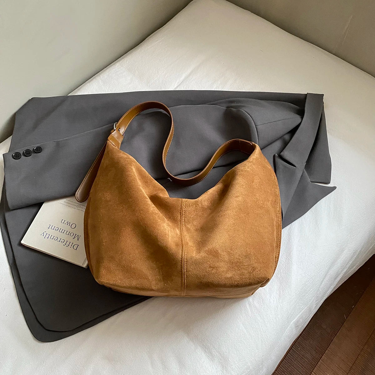 Women PU Suede Shoulder Bag Winter Retro Soft Hobo Bag