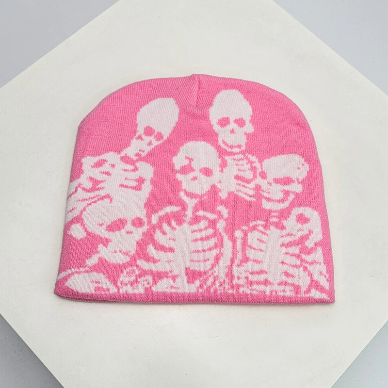 Skull Print Knit Beanie – Color Block Warm Winter Hat Punk Style