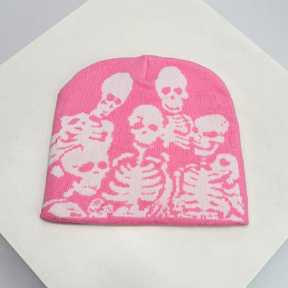 Skull Print Knit Beanie – Color Block Warm Winter Hat Punk Style