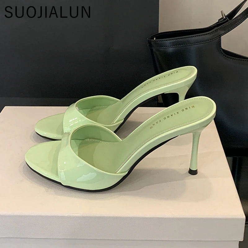 Women's Open-Toe Stiletto Heel Slides – Elegant Patent Mule Pumps