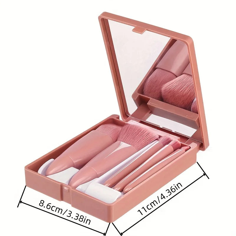5-Piece Mini Travel Makeup Brush Set with Foldable Mirror