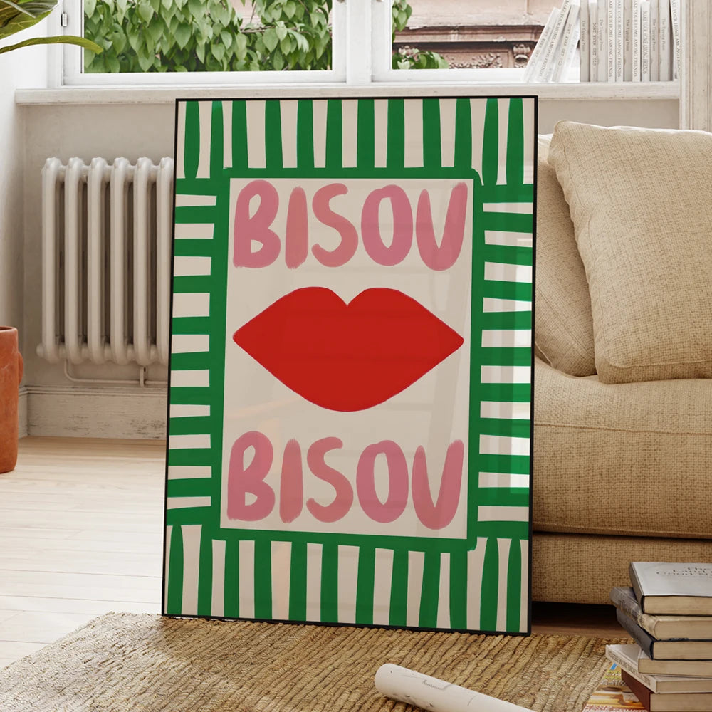 Bisou Bisou French Quote Wall Art Poster – Pink & Blue Maximalist Print
