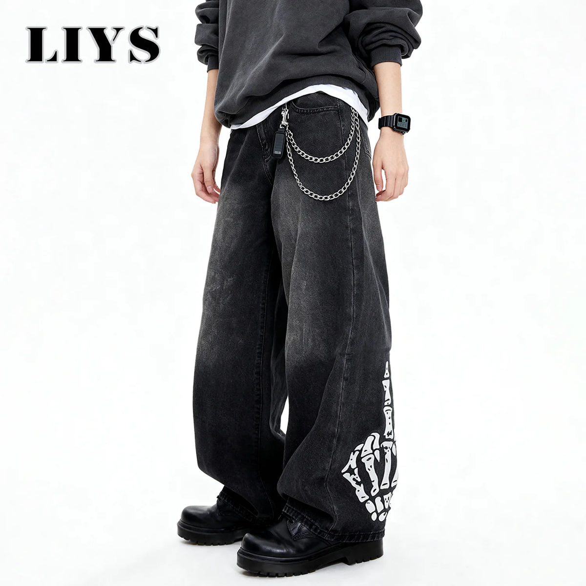 Men S Black Skull Finger Print Baggy Wide Leg Jeans Spring Summer Loose Straight Denim Pants Women