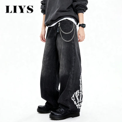 Men S Black Skull Finger Print Baggy Wide Leg Jeans Spring Summer Loose Straight Denim Pants Women