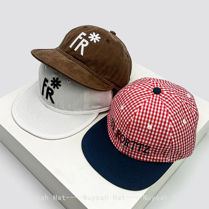 Plaid Flat Brim Baseball Cap – Unisex Sun Hat with Letter Embroidery