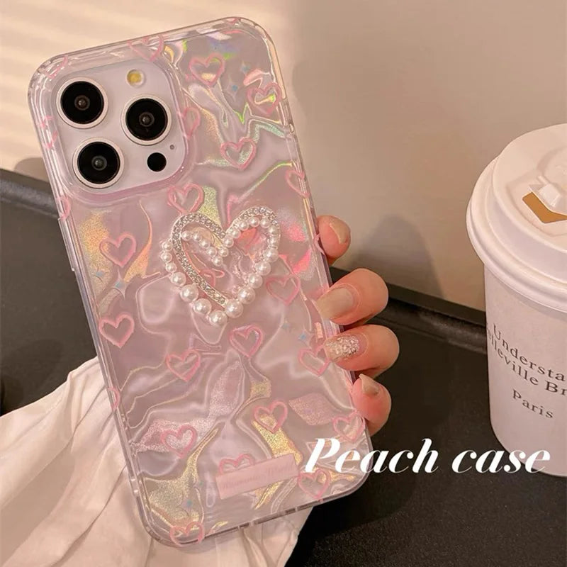 Motorola Moto Case Holographic Pink Pearl Heart 3D Cute Cover