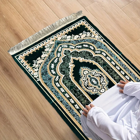 Islamic Prayer Mat – Luxury Green Gold Vintage Floral with Tassels