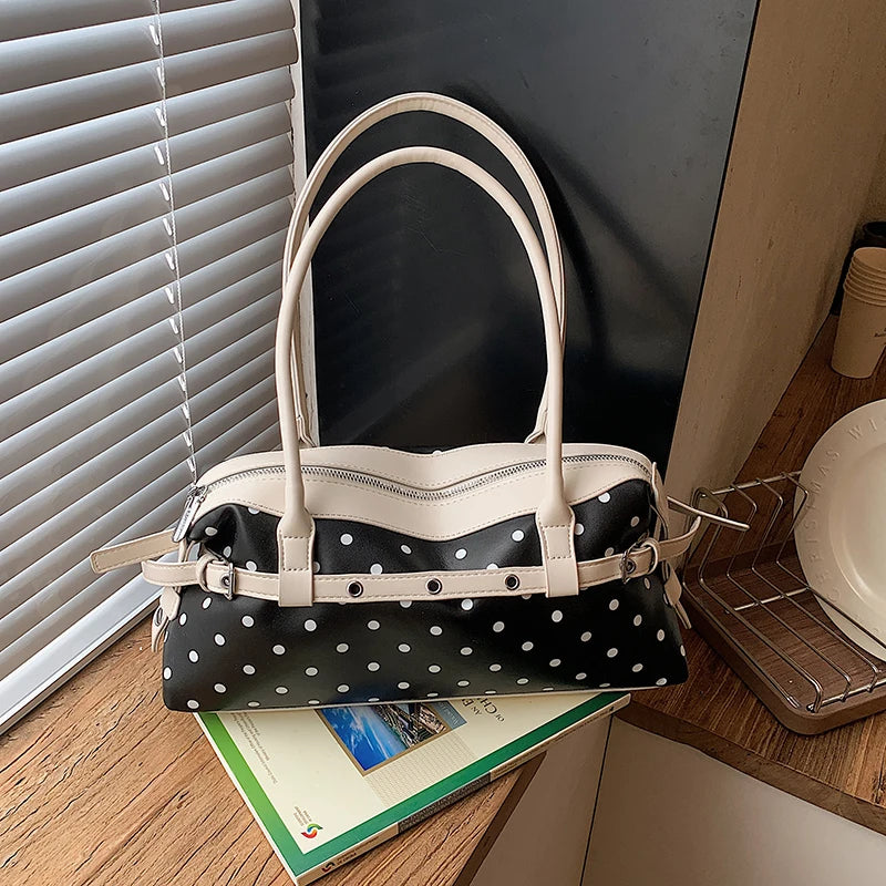 Polka Dot Top Handle Bag – Korean Style Contrast Color Crossbody