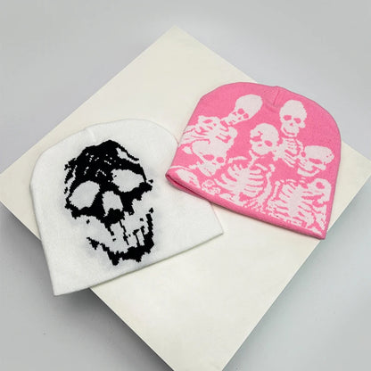 Skull Print Knit Beanie – Color Block Warm Winter Hat Punk Style