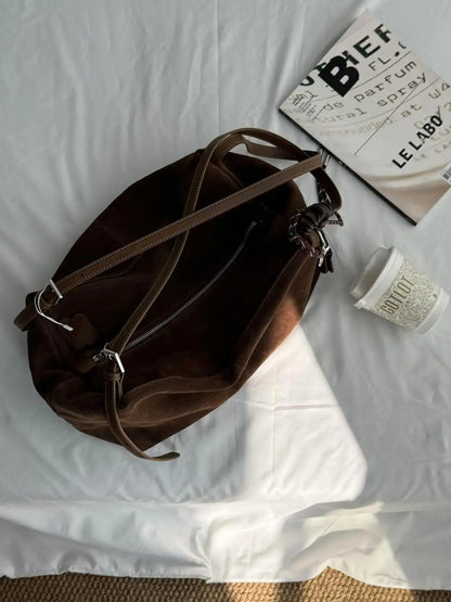 Vintage Large Capacity Tote Bag Women Retro Suede Casual Shoulder Bags