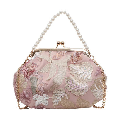 Sequin Floral Embroidered Handbag with Pearl Handle & Chain