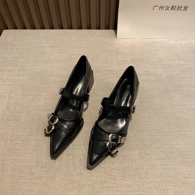 Pointed Toe Mary Jane Heels – Women's Metal Buckle Dress Shoes