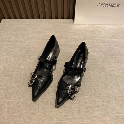 Pointed Toe Mary Jane Heels – Women's Metal Buckle Dress Shoes