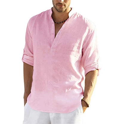 Men's Cotton Linen Long Sleeve Shirt – Casual Loose V-Neck Top S-3XL