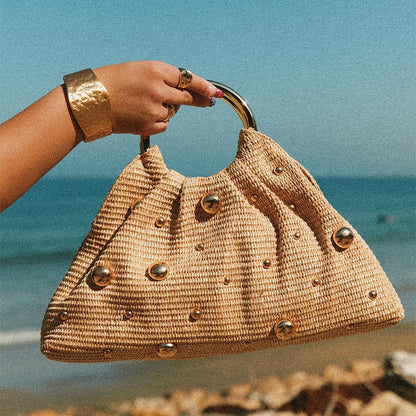 Boho Beaded Straw Handbag Elegant Circle Handle Clutch
