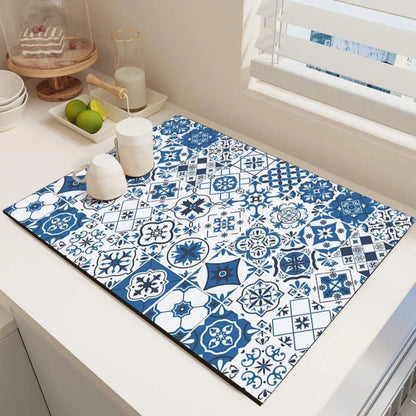 Dish Drying Mat – Boho Vintage Tile Absorbent Non-Slip Kitchen Mat