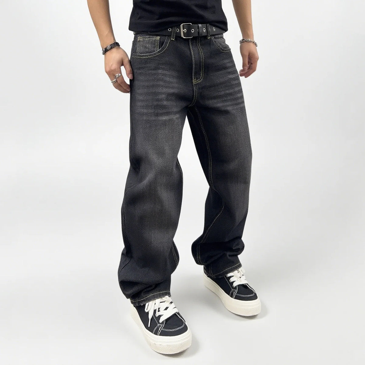 Baggy Straight Leg Jeans Men – Black Washed Retro Denim Pants