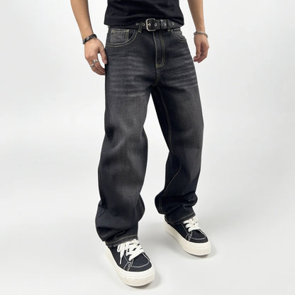 Baggy Straight Leg Jeans Men – Black Washed Retro Denim Pants