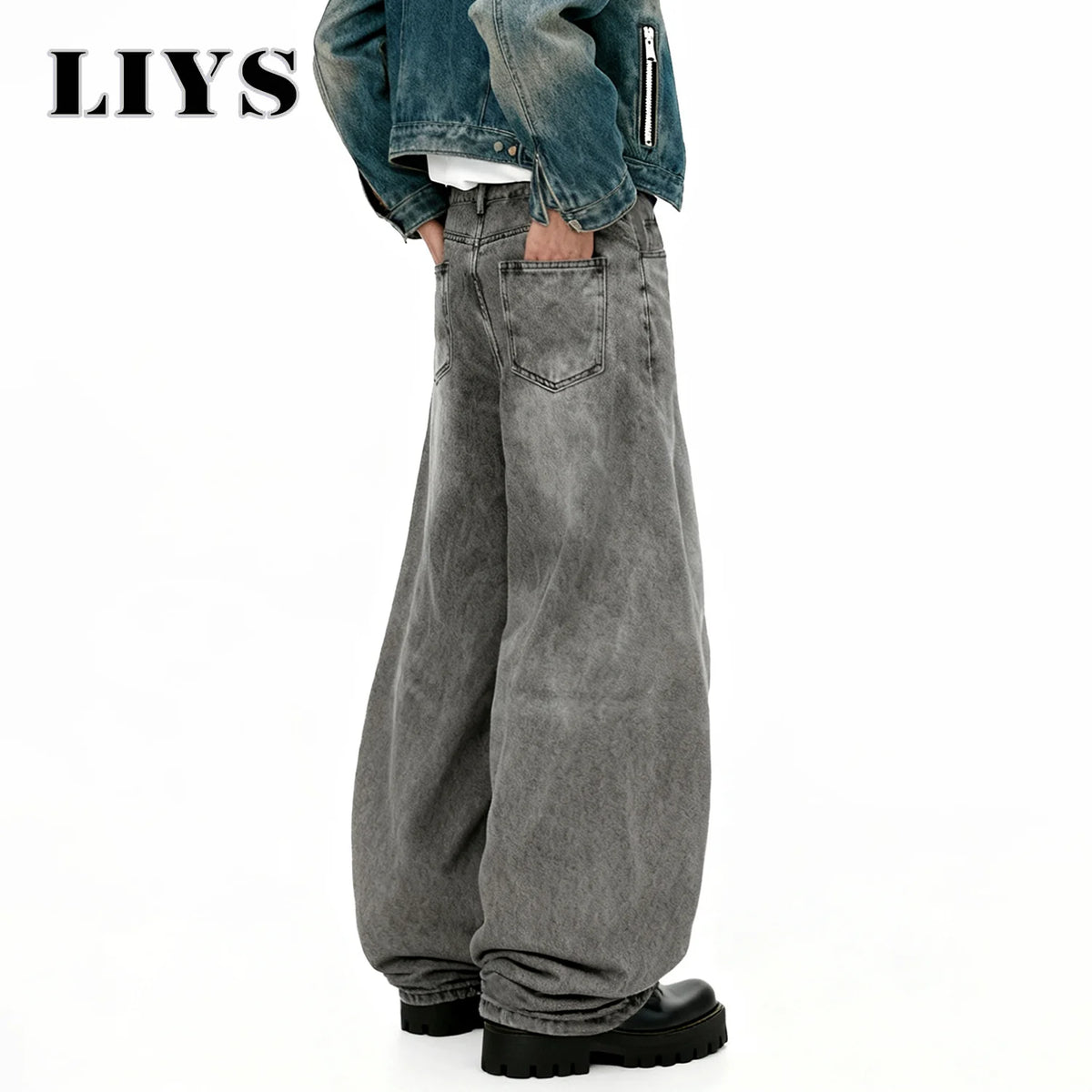 Retro Baggy Wide Leg Gray Washed Jeans – Men's Casual Straight Denim
