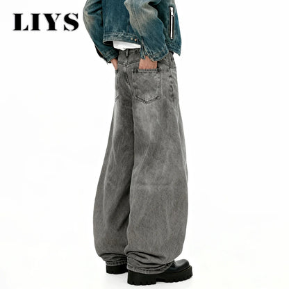 Retro Baggy Wide Leg Gray Washed Jeans – Men's Casual Straight Denim