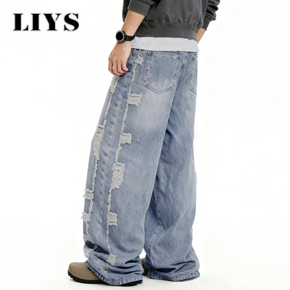 Men S American Retro Street Blue Baggy Wide Leg Jeans Korean Side Ripped Loose Personalized Design