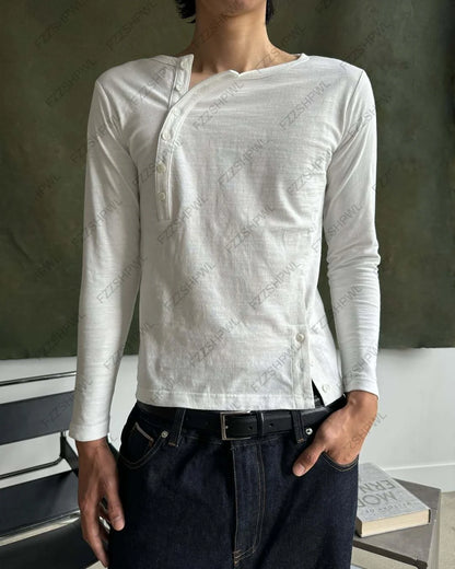 Y2K Men's Long Sleeve Button T-Shirt – Solid Color Cotton Top