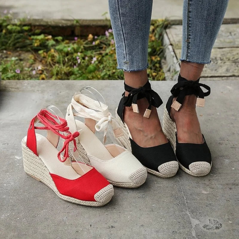 Women's Espadrille Wedge Sandals – Ankle Strap Lace-Up Canvas Shoes