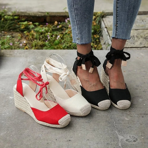 Women's Espadrille Wedge Sandals – Ankle Strap Lace-Up Canvas Shoes