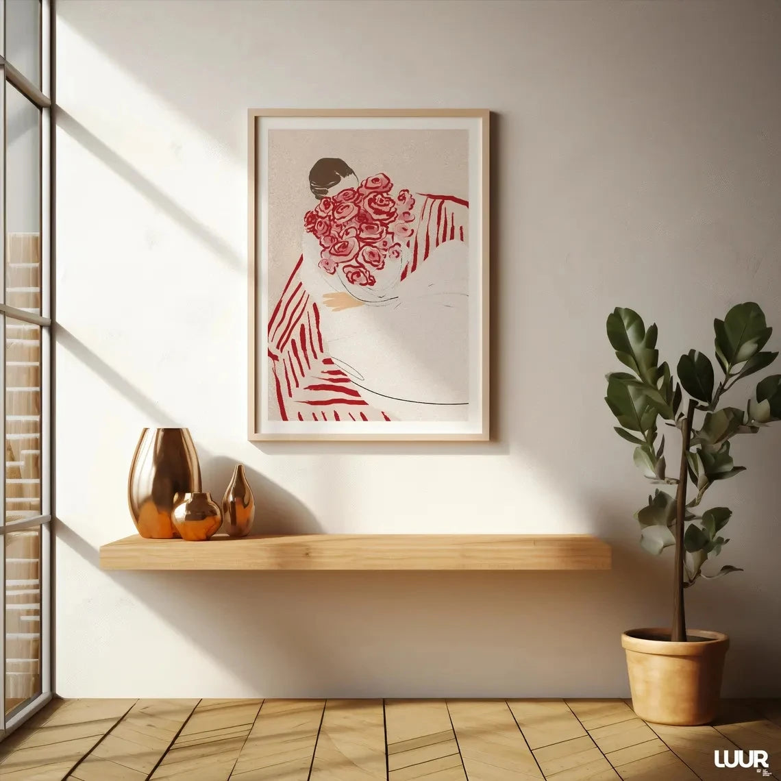 Feminine Floral Wall Art Print – Woman with Roses Minimalist Poster