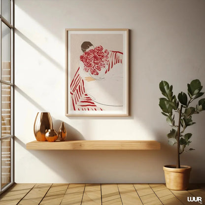 Feminine Floral Wall Art Print – Woman with Roses Minimalist Poster