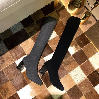 Women's Over-the-Knee Knit Boots – Elastic Block Heel