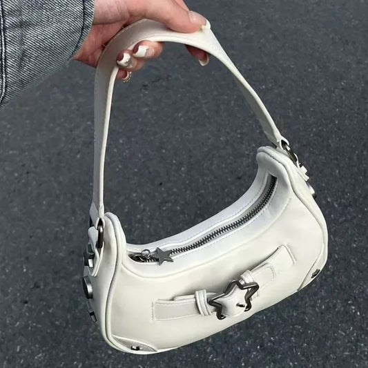 Vintage Korean Casual Cute White Star Shoulder Underarm Tote Bag