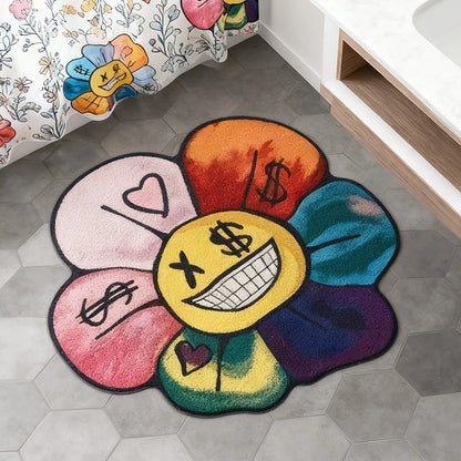 Colorful Flower Smiley Face Area Rug – Soft Non-Slip Floor Mat