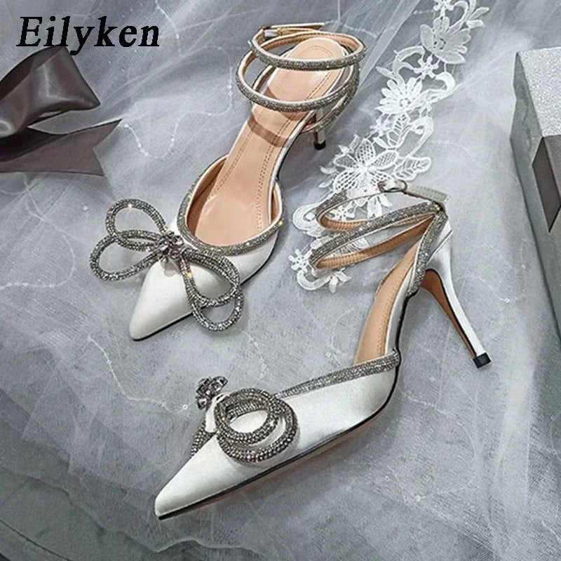 Crystal Bow Knot Satin Pumps – Rhinestone Stiletto Heels