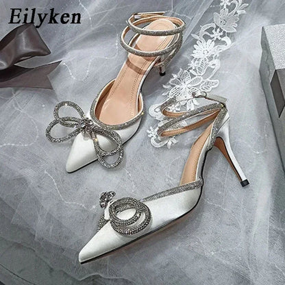 Crystal Bow Knot Satin Pumps – Rhinestone Stiletto Heels