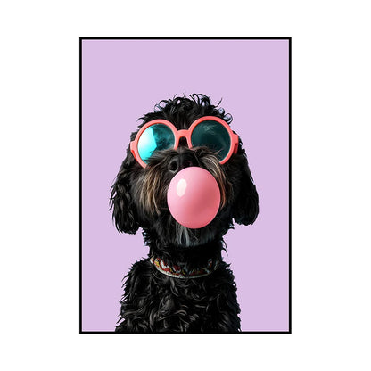 Funny Dog Bubble Gum Poster – Pomeranian with Pink Glasses Wall Art Print