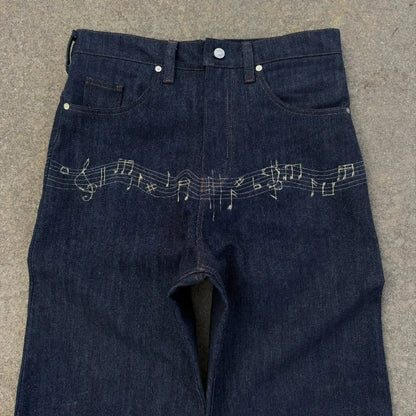 Y2K Music Note Embroidery Flare Jeans – Unisex Streetwear Denim
