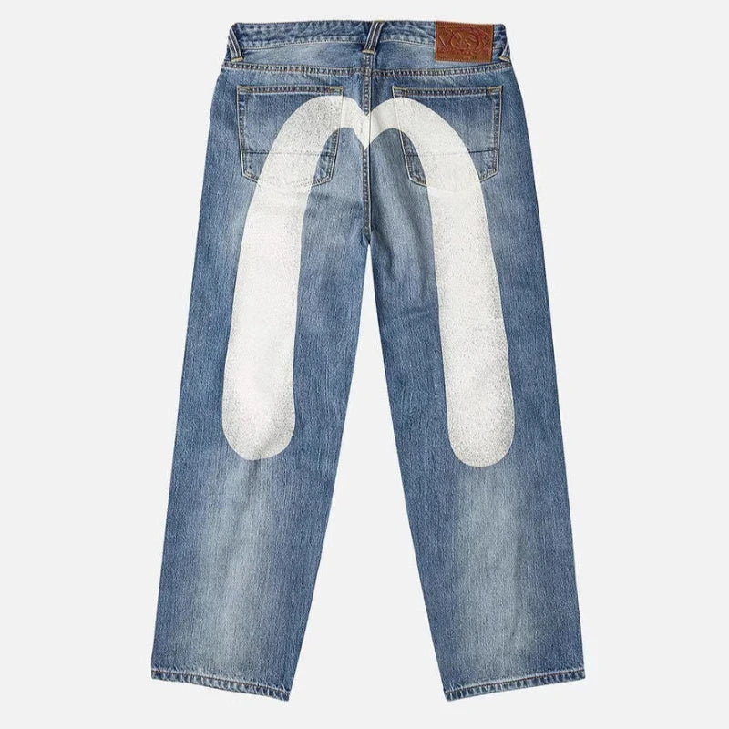 Mens Jeans Print Waist Straight Leg Denim Pants Harajuku Unisex Loose Fit Tapered Casual Streetwear