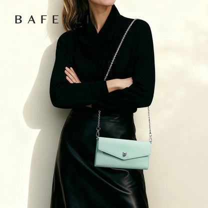 Leather Chain Wallet Bag – Long Envelope Clutch with Cat Clasp