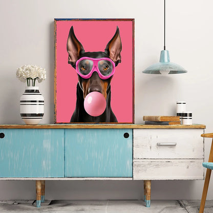 Funny Dog Bubble Gum Poster – Pomeranian with Pink Glasses Wall Art Print