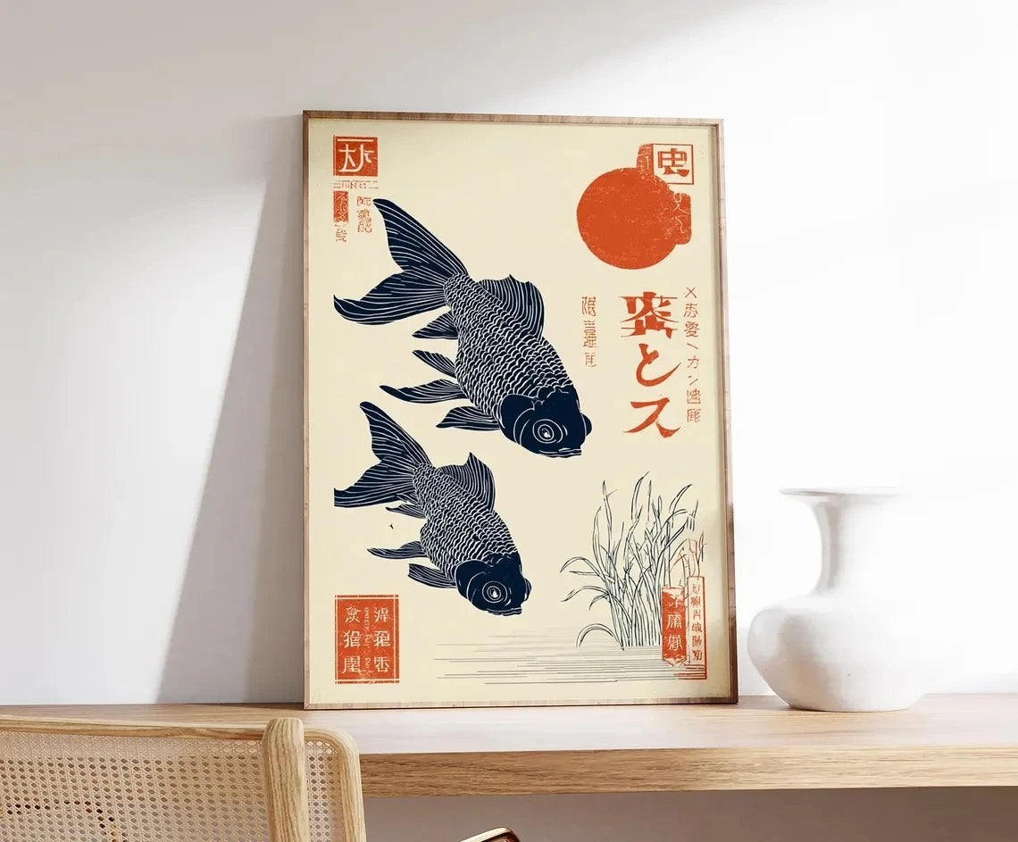 Japanese Koi Fish Poster – Vintage Ukiyo-E Wall Art Print