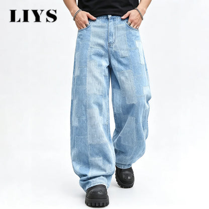 Patchwork Grid Baggy Wide-Leg Jeans – Men's Retro Streetwear Denim