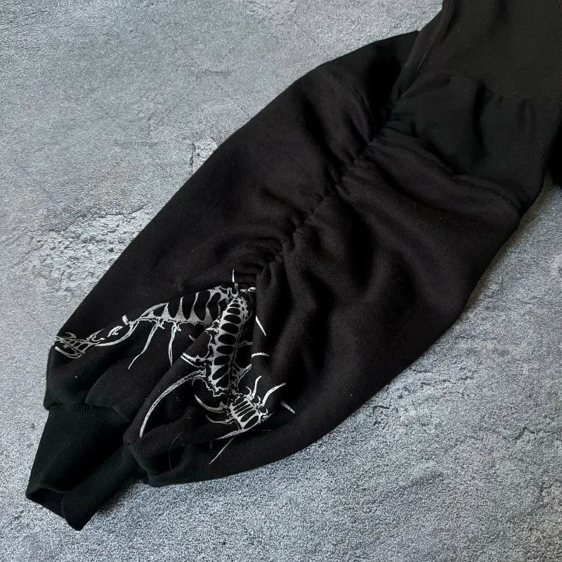 Y2K Gothic Graphic Hoodie Women Harajuku Streetwear Loose Zip-Up Sweatshirt